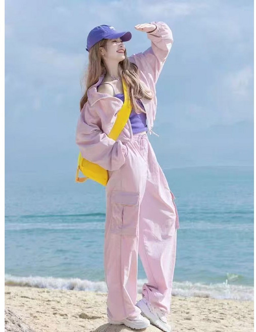 여성 여름 경량 자외선차단 바람막이 크롭자켓 밴딩 와이드 팬츠 트레이닝 세트