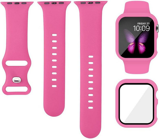 애플워치 케이스 액정보호 투명 호환 스포츠 실리콘 밴드 및 케이스와 호환되는 Apple Watch 38mm 40mm 41mm 44mm 45mm 46mm 방수 스트랩 화면 보호, 40mm-series 6 5 4 SE, Hot Pink