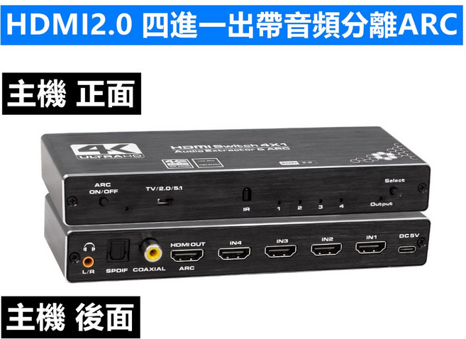 SOWTECH HDMI切換器 4進1出 4K 60Hz 支援音頻分離 ARC, 1個, 高階四進一出帶音頻分離版本, 高階四進一出帶音頻分離版本