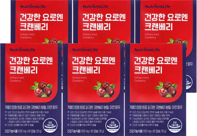 [무료배송/오늘출발] 뉴트리원 요로건강 크랜베리 식약처인정 미국산특허원료 프로안토시아니딘 파크랜 크랜베리, 60정, 6개