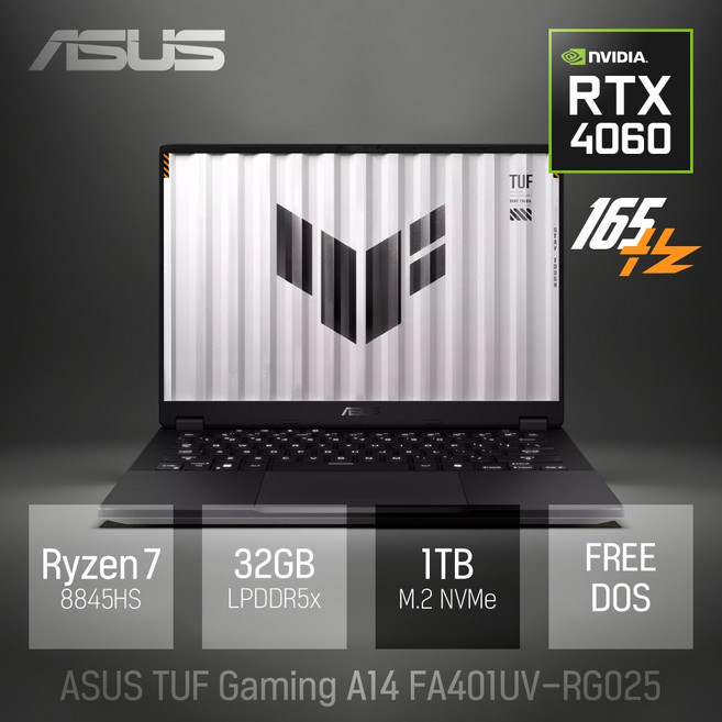 [RG007 모델로 대체출고] ASUS TUF Gaming A14 FA401UV-RG025 포토샵 게임 영상편집 14인치 고성능 노트북 + 무선 마우스 & 패드 증정, Free DOS, 32GB, 1TB, 블랙