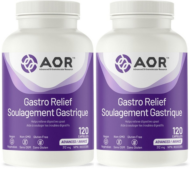 (2병) AOR Gastro Relief 120캡슐 에이오알 가스트로 릴리프 매스틱검 알긴산 아연 카르노신 캐나다 직구, 2개, 120정