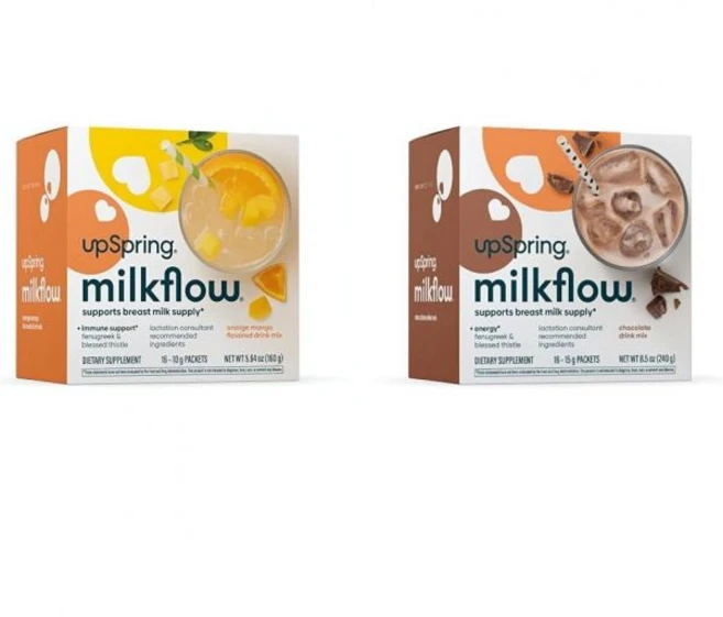 업스프링 밀크플로우 모유 음료와 페누그릭 오렌지 망고 초콜릿 맛이 혼합된 음료 각각 16개씩 들어 있습니다, 1개, 10g - 쿠팡