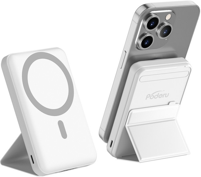 Podoru 맥세이프 보조배터리 PD22.5W 고속충전 10000mAh 대용량 무선 아이폰 보조베터리 휴대용 거치대, 화이트