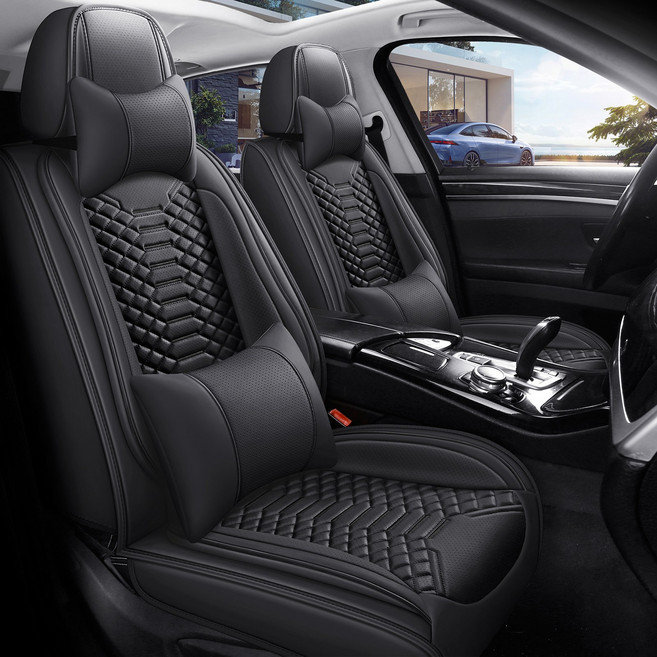 고급 나파 가죽 3D 시트 커버 앞좌석 1P 사계절 공용 허리받침대 포함 목베개, 1개, 퓨어 블랙