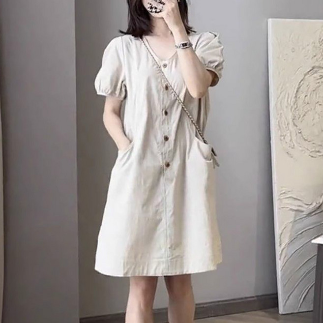 여자 여름 솔리드 퍼프 반팔 스커트 심플 브이넥 키작녀 원피스