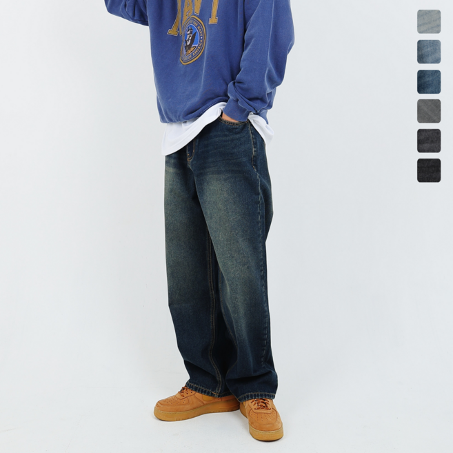 남성 청바지 와이드 스트레이트진 프리미엄 워싱 일자 흑청 데님팬츠