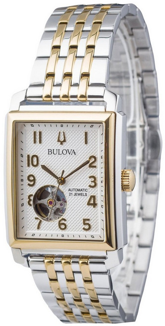 Bulova Sutton Two Tone 스테인레스 스틸 오픈 하트 실버 다이얼 오토매틱 98A308 남성용 시계