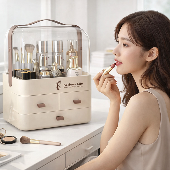 MIRRA 대용량 화장품 정리함 먼지차단 뚜껑형 서랍식 화장대 수납함, 1개, 크림