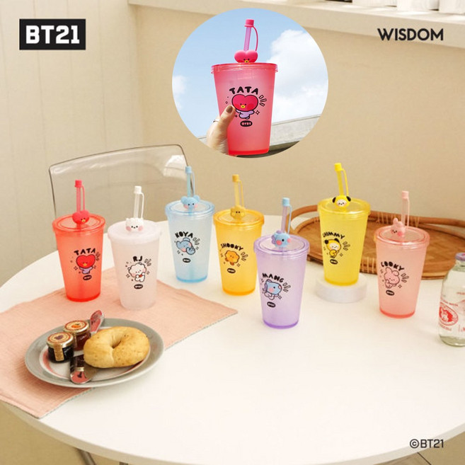 BT21 미니니 피규어 아이스 텀블러 빨대 컵 알제이RJ 타타TATA 쿠키COOKY 치미CHIMMY 코야KOYA 망MANG 슈키SHOOKY