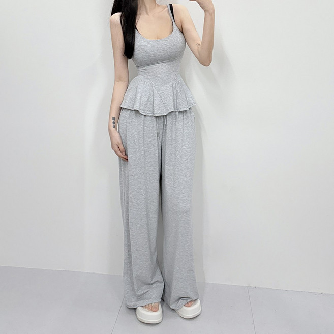 VANANA2 국내제작 꾸안꾸 여성 플레어 끈나시 밴딩 찰랑 롱 팬츠 트레이닝복 투피스 세트