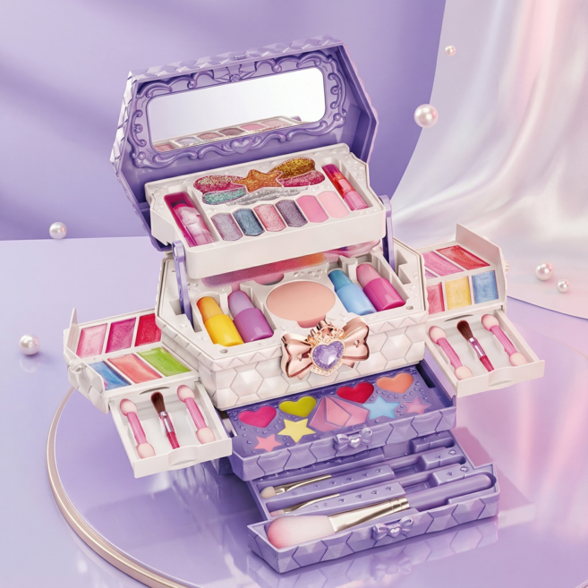 어린이 화장놀이 메이크업 키트 공주 케이스 다층 수납 장난감 선물세트, 1세트, 퍼플