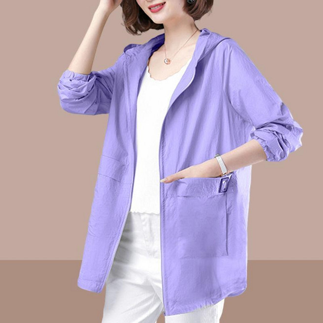 寬鬆中長款防曬衣女 夏季薄外套, 紫色