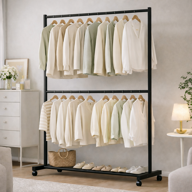 헤븐하임 이동식 2단 철제 스탠드 행거, 올블랙