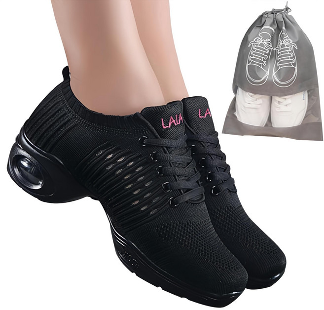 라이아 가벼운 에어쿠션 댄스화 라인댄스 줌바댄스 파우치 세트, 매트블랙, 240