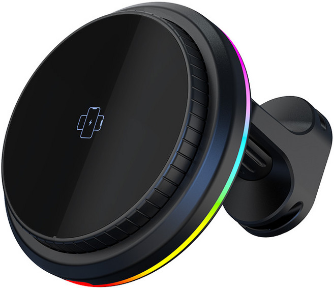 자동회전 차량용 충전거치대 RGB 라이트 고속무선충전 통풍구 거치형, CD-01, 블랙