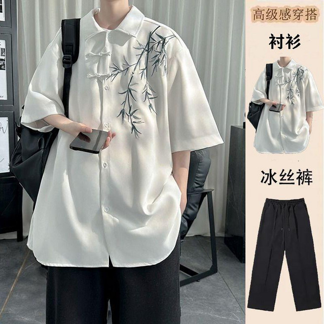 國潮唐裝襯衫 夏季薄款改良漢服短袖新中式襯衣男