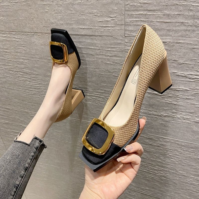 COSYEVNO 여성 힐 봄 가을 빅사이즈 빈티지 스퀘어 패치워크 메탈 버튼 펌프스 lyjnsggx-06