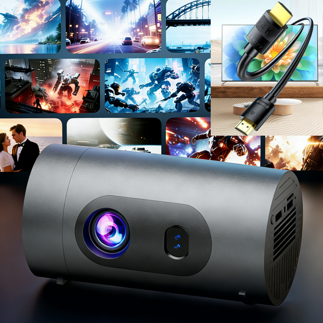 ANYOU 알루미늄 합금 본체 4K 안드로이드 빔프로젝터 - 보조배터리 구동 무선 미러링 WiFi 캠핑/가정용 휴대용 홈시네마, 고화질 전용 HDMI 케이블