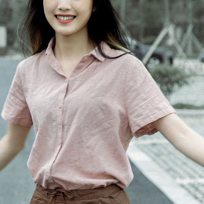 린넨 혼방 여성 오버사이즈 반팔 셔츠 빅사이즈 단색 보헤미안 스타일 상의 비보뉴