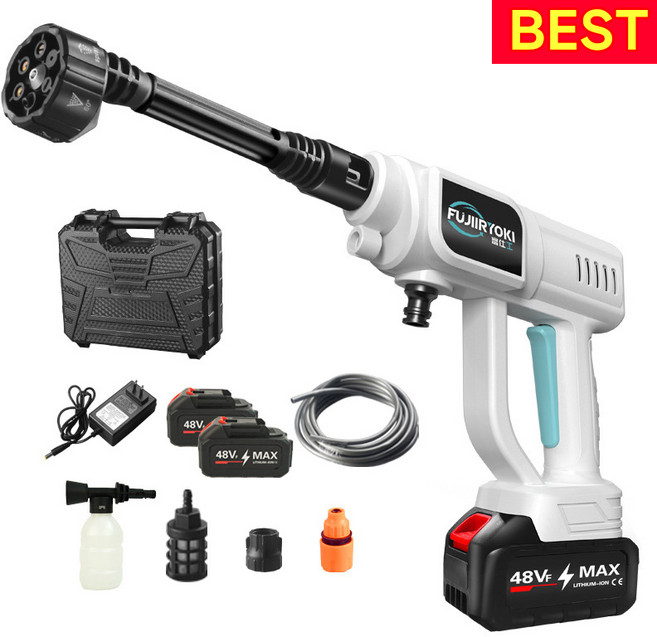 독일 기술 초강력 고압 세차기 가정용 농약 분무기 청소용 고압분사기 고압 물총 충전식 무선 세척기 돼지코 증정, 화이트, 배터리2개+본체