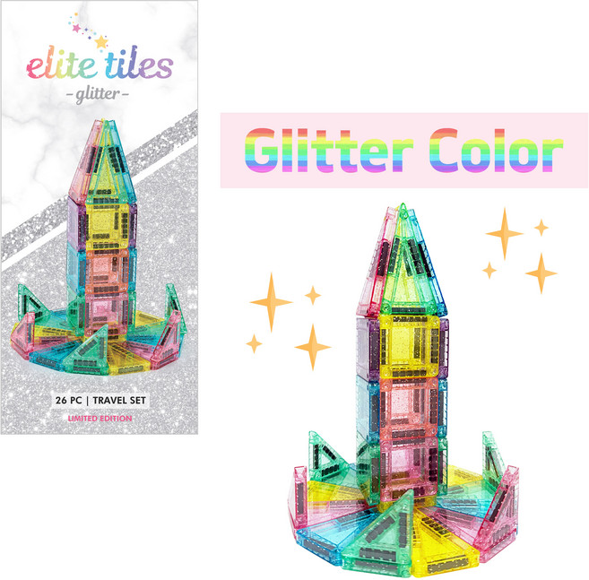 [엘리트타일즈] 26피스 트래블 세트 글리터 (자석 안에 반짝이 콕콕!) 휴대용 자석 블록/자석타일 - 국내 No.1 미니자석타일 브랜드 | 외출용 | 여행용 | 창의 소근육 발달, 1개