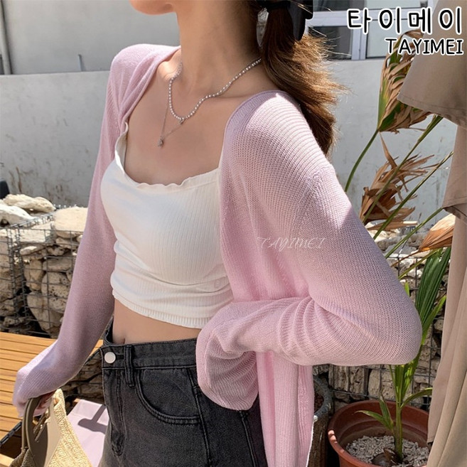 타이메이 자외선 차단 카디건 얇은 여성 아이스 니트 코트 여름 겉옷 블라우스 상의 에어컨 셔츠