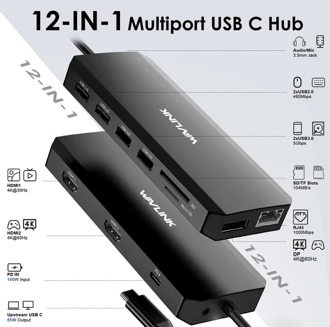 WAVLINK USB C 허브 트리플 모니터 12-in-1 노트북 도킹 스테이션 멀티 포트 듀얼 4K RJ45 맥북 델 HP, 04 BL