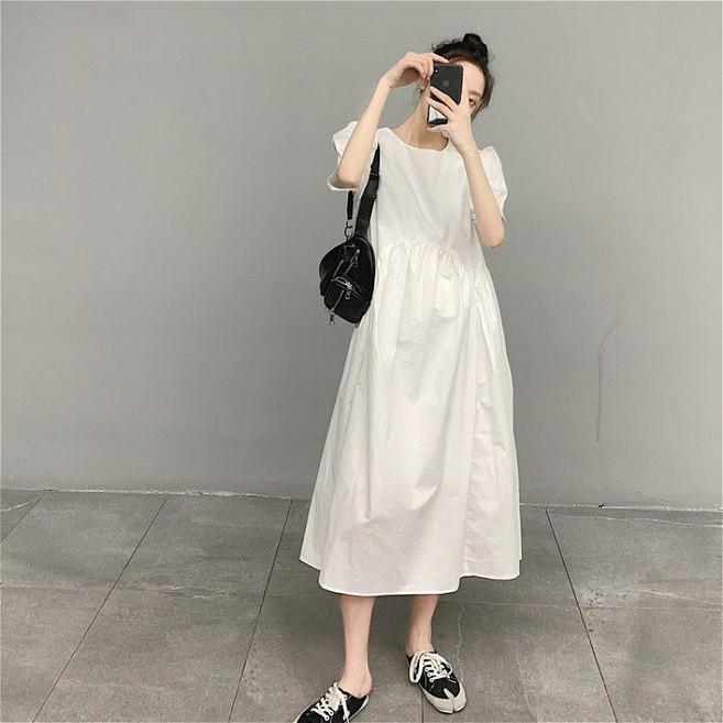 SAHINER 여성 여유핏 벌룩 소매 롱스커트 맥시 원피스 LWBQZ21