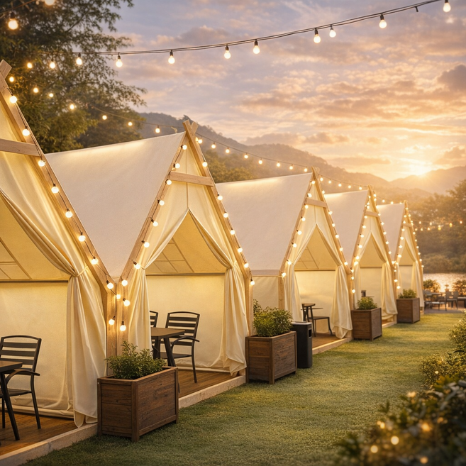 캠핑무드 삼각텐트 글램핑텐트 야외 바베큐장 캠핑용 감성 카페 캐노피 방갈로 쉼터 글램핑, 6인, 베이지 지붕형