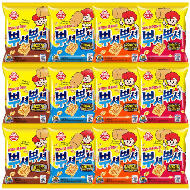 오뚜기 뿌셔뿌셔 불고기맛 3개+바베큐맛 3개+양념치킨맛 3개+떡볶이맛 3개(총 12개), 90g, 1개