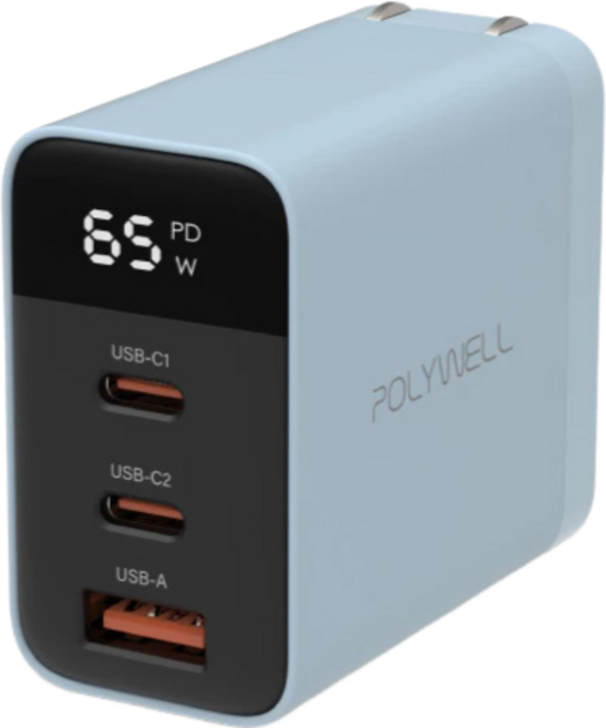 POLYWELL 65W 數顯三孔PD快充頭 GaN氮化鎵充電器, 01.藍, 1個