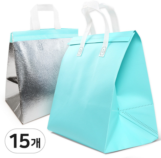 일회용 보냉가방 손잡이 은박 보냉백 캠핑용 도시락 보냉 가방, 15개, 블루민트