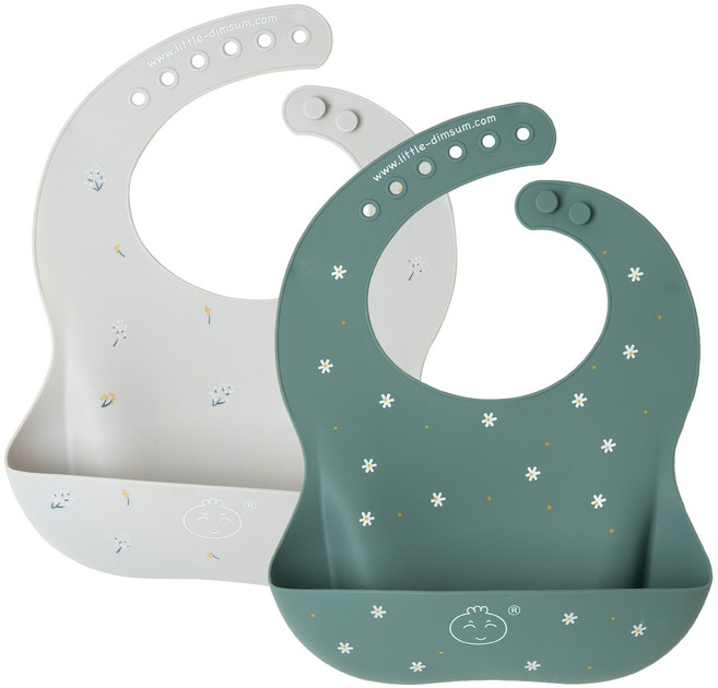 Little Dimsum베이비 방수 자기주도 이유식 실리콘 턱받이 2P 세트, 그린+회색, 1세트, 2개입