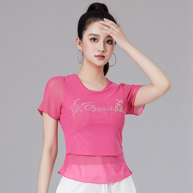 페이준 댄스복 여름 이중 망사 컬러 다이아 슬림핏 댄싱 상의 HY5869