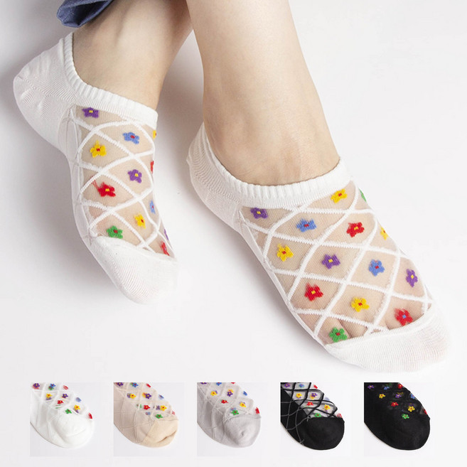 여성 여름 다이아 플라워 망사 시스루 덧신 양말 페이크삭스 5켤레 세트