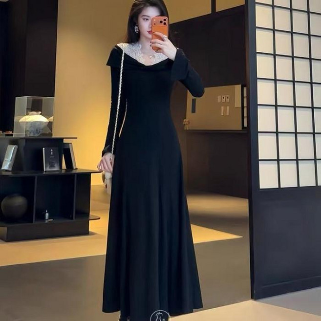 女款長洋裝 蕾絲 紅色 法式 約會穿搭, 黑色【德绒+花边】,XL