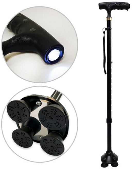 캠프닉 네발 LED 라이트 노인 지팡이 어르신 할머니 할아버지 초경량 미끄럼방지 길이조절가능, 블랙, 1개