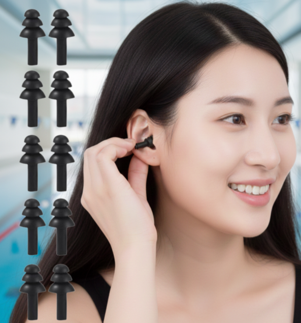 요거꾹 수영 실리콘 귀마개 소음방지, 블랙, 10개