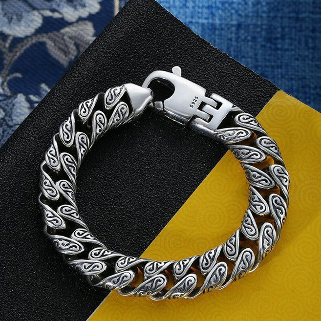 個性唐草紋銀飾手鍊，男士粗款嘻哈潮人時尚飾品