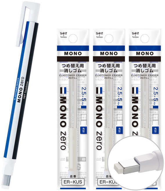 TOMBOW 모노 ZERO 샤프형 지우개 스퀘어드, 본품1+리필3, 1세트, 스탠다드 스퀘어드 (모노 ZERO 지우개)