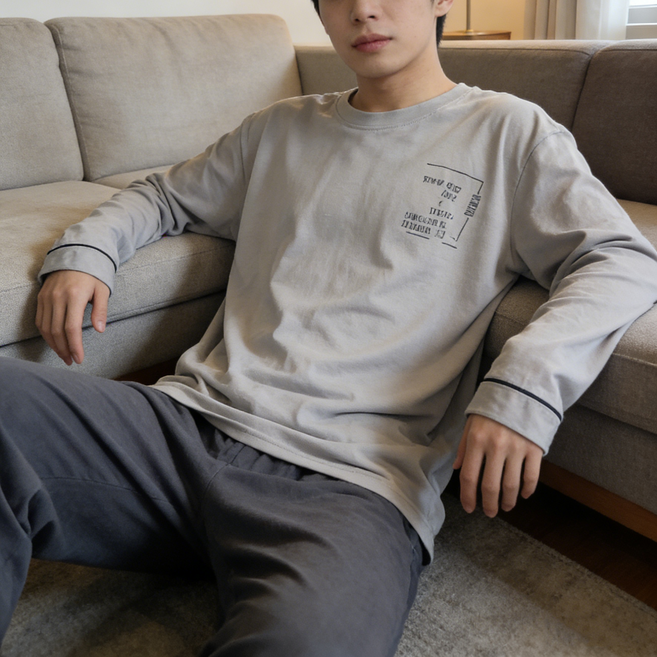 남성용 봄가을 라운드넥 긴소매 긴바지 세트 심플 캐주얼 외출 가능 얇은 홈웨어