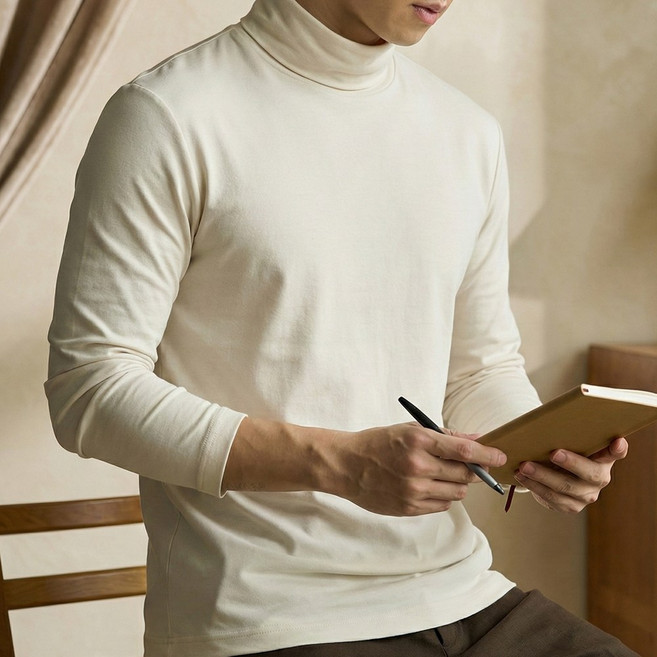 문컬렉션 남자 남성 베이직 스판 터틀넥 긴목 무지 목폴라 원목 폴라 티셔츠