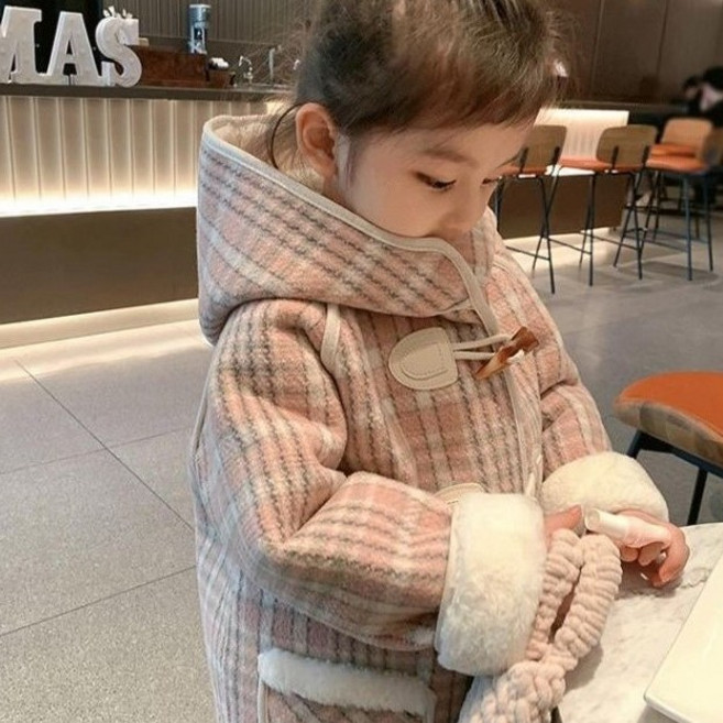 마이슈마켓 아동 핑크체크코트 여아 후드 떡볶이 코트 겨울 외투