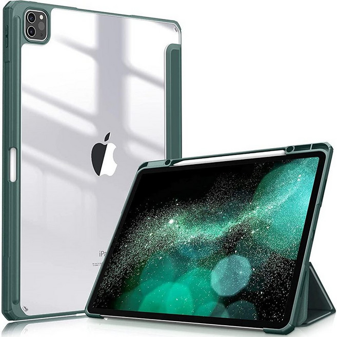 Fintie 하이브리드 슬림 케이스 iPad Pro 12.9인치 5세대 2021용 - [내장 Pencil 홀더] 투명한 뒷면 쉘이 있는 충격 방지 커버 4세대/3세대에도 적, 미드나잇 그린