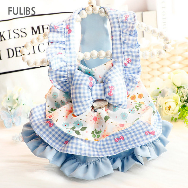 FULIBS 봄 여름 강아지나시원피스 플라워 강아지하네스옷, 블루, 1개