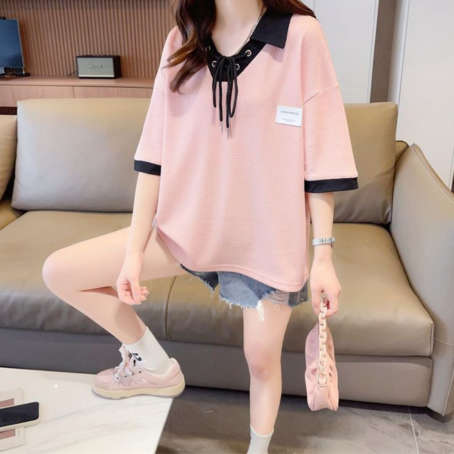 ANYOU 여성용 여름 반팔 티셔츠 칼라넥 레이어드 루즈핏 빅사이즈 반팔티