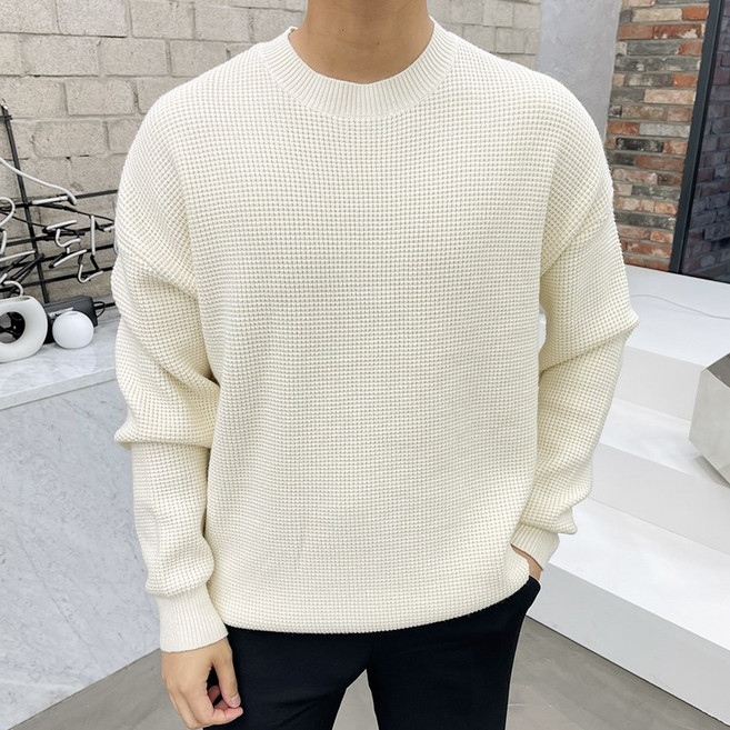 용된다 남자 와플 캐시미어 오버핏 라운드 니트