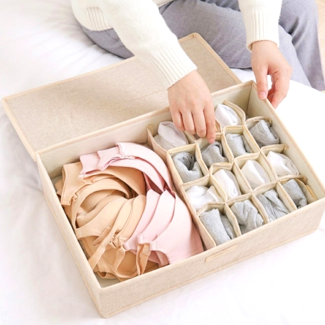 진수앤영 접이식 속옷 양말 분리 수납 정리함, 1개, 내추럴베이지(Natural Beige)
