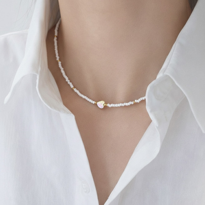 비즈 미니 원석 블랙 비비드 하트 오로라 자개 목걸이 초커 써지컬 목걸이 487